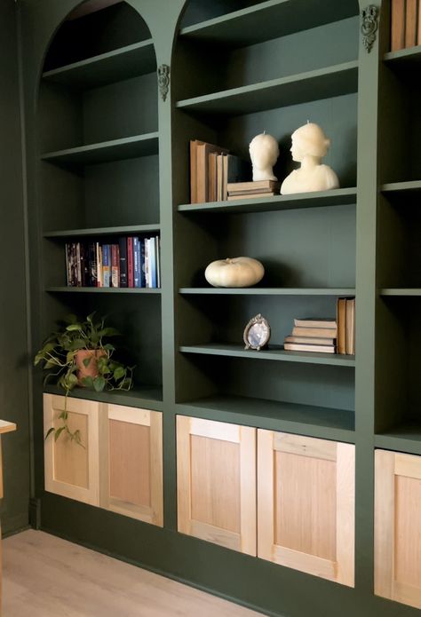 DIY Shaker Cabinet Doors Mcgee And Co Library, Custom Cabinet Door, Wall Unit In Bedroom, Adding Cabinet Doors To Bookshelves, Diy Bookshelf With Doors, Green Living Room Paint, Bookcase With Cabinets, Vintage Bookshelves, Diy Shaker Cabinet Doors