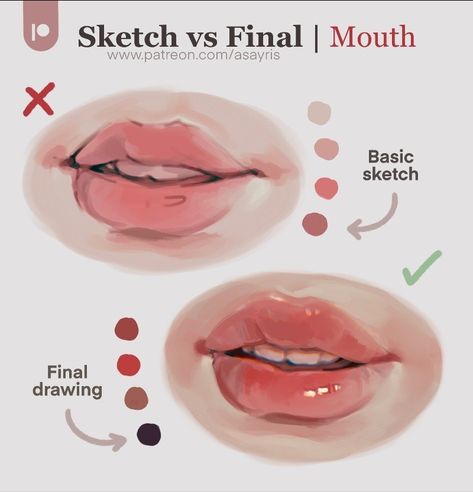 Eye Drawing Tutorials Digital, Sketch Vs Final, How To Draw Lips, Draw Lips, رسم كاريكاتير, الفن الرقمي, Character Artist, Art Advice, Digital Art Beginner