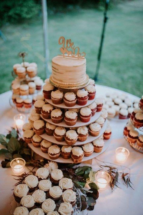 Simple Cake And Cupcakes Wedding, Wedding Cake With Mini Cupcakes, Cake And Cupcake Stand Wedding, Tiered Cake With Cupcakes, Cupcake Tiered Cake, Wedding Cupcakes And Small Cake, Wedding Desserts Cupcakes, Small Cake And Cupcake Display, Wedding Small Cake And Cupcakes