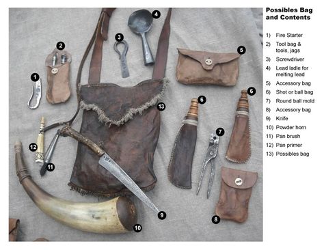 Possibles bag and contents Bushcraft Kit, Leather Pouches, Powder Horn, Bushcraft Gear, Mountain Men, Fur Trade, Hunting Bags, Mountain Man, Leather Projects