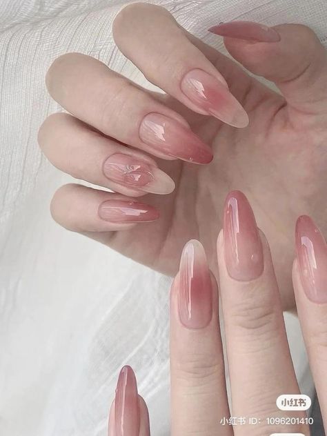 Douyin Nails Almond Shape, Sheer Jelly Nails, Acrylic Jelly Nails, Pink Tip Nails, Asian Nails, Beige Nails, Minimal Nails, Blush Nails, Classy Acrylic Nails