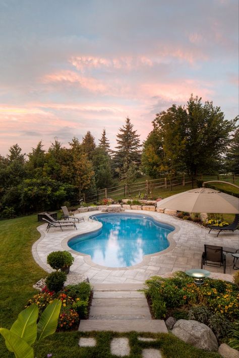 Free Form Pool Landscaping, Hardscaping Around Pool, Inground Pool And Patio Ideas, Free Form Pool Designs, Pool Shape Ideas, Landscaping Around Inground Pool, Curvy Pool, Backyard Inground Pool Ideas, Pool Ideas Inground