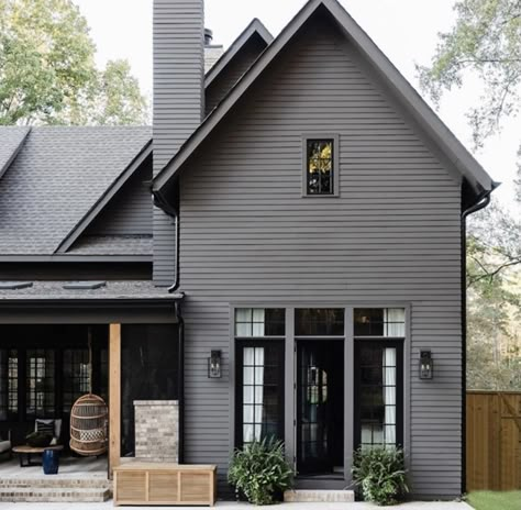 Modern Grey House Exterior, Transitional Farmhouse Exterior, Grey Siding House, Ranch Style Homes Exterior, Vinyl Exterior Siding, Ranch House Exterior, Tiny House Village, Paint Color Ideas, Homes Exterior