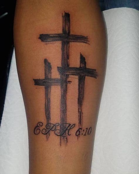 three crosses eph six ten written underneath forearm tattoo tattoos that mean strength bible verse The Three Crosses Tattoo, Three Cross Tattoos For Men, Three Wooden Crosses Tattoo, Three Crosses Tattoo For Men, Three Crosses Tattoo Design, Triple Cross Tattoo, White Tattoo Cross, Phenomenal Tattoo, Three Crosses Tattoo