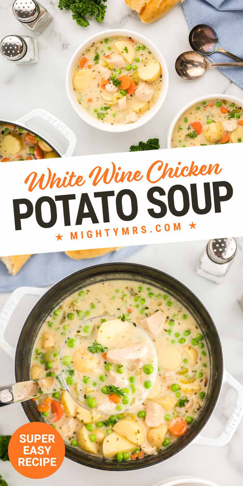 White Wine Chicken Potato Soup Easy Soup Recipes Broth, Crock Pot Chicken Potato Soup, Recipes Using Chicken Broth, Creamy Chicken Vegetable Soup, Lunch To Take To Work, Soup Made With Chicken, Soft Potatoes, Chicken Potato Soup, Thermos Lunch