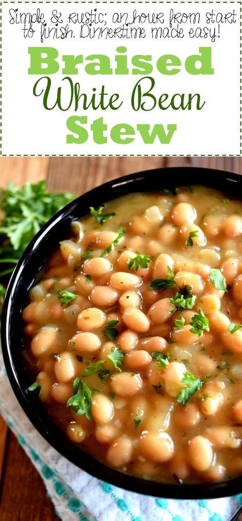 Braised White Bean Stew - Lord Byron's Kitchen Ground Chorizo, Brunch Salads, Navy Bean Recipes, Chorizo Soup, White Bean Stew, White Bean Recipes, Beans And Rice, Bean Stew, Vegetable Broth