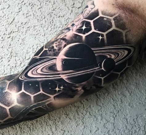 Galaxy Tattoo Sleeve, Space Tattoo Sleeve, Geometric Tattoo Sleeve Designs, Hexagon Tattoo, Unique Half Sleeve Tattoos, Abstract Tattoo Designs, Universe Tattoo, Mom Tattoo Designs, Full Sleeve Tattoo Design