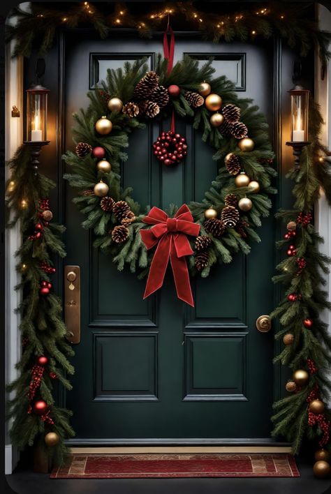 Beautiful Christmas Wreaths Front Doors, Festive Front Door, Christmas Wreath On Door, Christmas Decoration Outside House, House Decor For Christmas, Classic Christmas Wreaths For Front Door, Front Door Christmas Trees, Christmas Window Home, Christmas Decoration Front Door