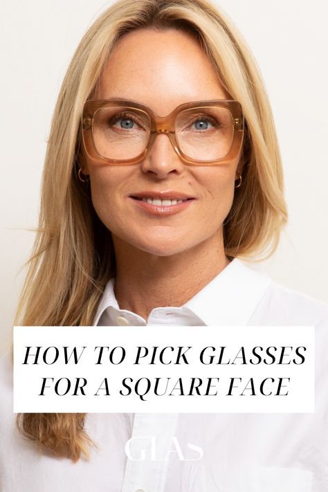 Informational pin about how to pick glasses for your face shape. Features four women with different face shapes and skin tones, wearing different glasses. Best Glasses For Square Face Shape, Glasses Square Face For Women, Square Face Sunglasses For Women, Specs For Square Face Women, Glasses By Face Shape, Eyeglasses For Square Face Woman, Square Face Eyeglasses, Glasses Frames For Women Square Face, Glasses Frames For Square Face