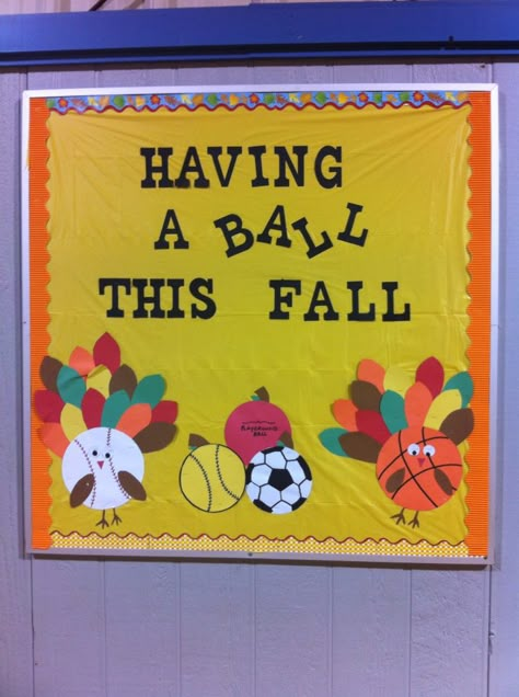 Physical education fall bulletin board Gym Bulletin Board Ideas, Preschool Pe, Football Bulletin Boards, Sports Bulletin Boards, Physical Education Bulletin Boards, Pe Bulletin Boards, Health Bulletin Boards, Sports Classroom, Elementary Bulletin Boards