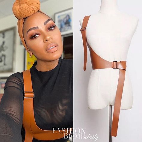 Meagan Good’s Instagram PatchWerk Vegan Leather Brown Harness Belt Diy Leather Harness How To Make, Brown Harness, Harness Style, Harness Fashion, Meagan Good, Harness Belt, Belt Fashion, Chest Strap, Style Magazine