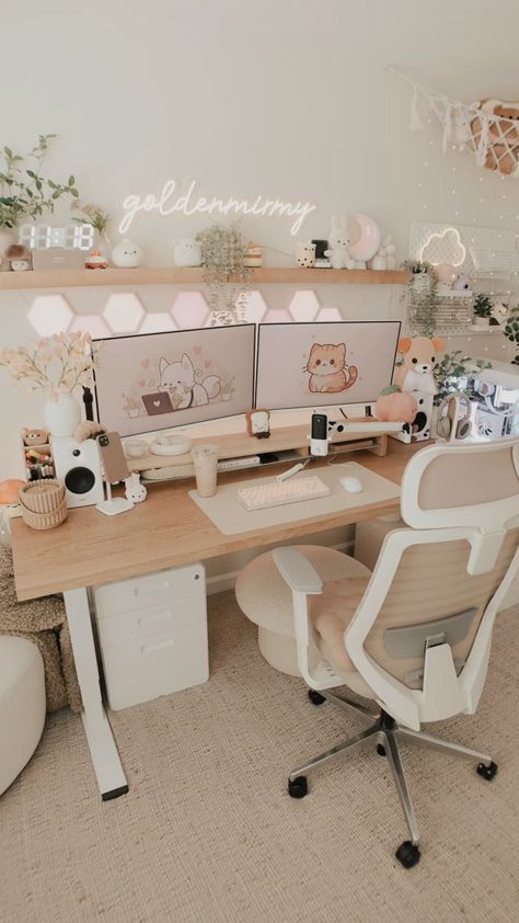 Desk Anatomy, Wood Desk Setup, Beige Aesthetic Room, Cozy Office Space, Comfortable Bedroom Decor, Living Space Decor, Cozy Office, White Room Decor, Study Room Design