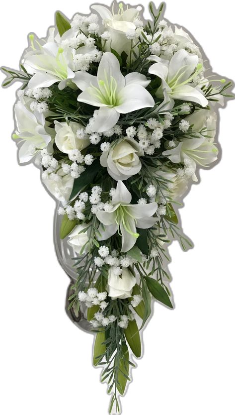 White lily babies breath white roses Teardrop bouquet Lilies Bridal Bouquet, Lily Bridal Bouquet, Teardrop Bouquet, Cascading Bridal Bouquets, Babies Breath, Stargazer Lily, White Lily, White Lilies, White Roses