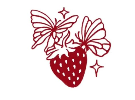 Butterfly And Strawberry Tattoo, American Traditional Strawberry, Strawberry Art Aesthetic, Tattoo Strawberry, Girly American Traditional Tattoo, Strawberry Doodle, Strawberry Butterfly, Strawberry Drawing, Strawberry Tattoo