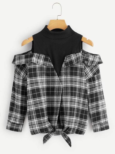 Shein Tartan Plaid Cold-shoulder Knot Hem 2 In 1 Blouse Tartan Shirt, Trendy Hoodies, Trendy Fashion Tops, Elegante Casual, Crop Top Outfits, Fashion Attire, Women Blouses, Modest Fashion Outfits, Refashion Clothes