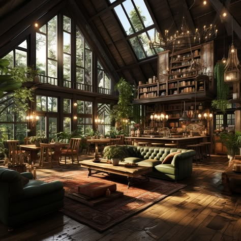 Woodland House Interior, Magical House Interior, Cabin Home Aesthetic, Steampunk House Exterior, Conservatory Library, Dream House In The Woods, Home Nails, Nails Home, Fantasy Rooms