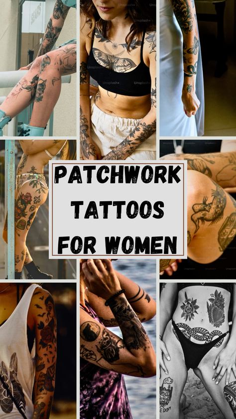 Patchwork tattoo ideas offer a unique and creative way to combine various small tattoos into a cohesive design. Each piece reflects personal stories or interests, creating a vibrant and eclectic collection of body art. Perfect for those who want a customized and meaningful tattoo experience. Fun Filler Tattoos, Meaningful Tattoo Sleeves, Gap Filling Tattoo Ideas, Patchwork Tattoo Ideas Arm Woman, Leg Tattoo Patchwork, Female Patchwork Tattoo, Artsy Tattoo Ideas, Patchwork Leg Sleeve Tattoo, Patchwork Leg Tattoo