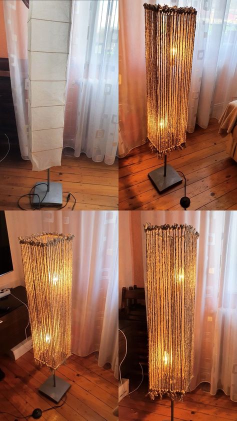 Upcycle Floor Lamp Diy, Jute Lampshade Diy, Old Lamps Makeover, Diy Boho Lampshade, Jute Rope Diy, Diy Hanging Light Fixtures, Jute Lamp, Diy Hanging Light, Diy Floor Lamp