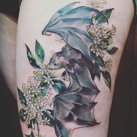 A beautiful #tattoo of some blooming jasmine and a cute #bat. Do you have any tattoos #witch dolls? ♥ Tattoos Colorful, Bats Tattoo Design, Tattoo Trend, Bat Tattoo, 4 Tattoo, Halloween Tattoo, Halloween Tattoos, Nature Tattoos, Skin Art