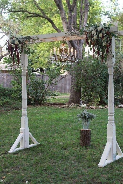 Diy Wedding Arbor, Small Pergola, Diy Wedding Arch, Wedding Arbors, Porch Posts, Wedding Arbour, Wedding Rentals, Wedding Event Planning, Vintage Chandelier