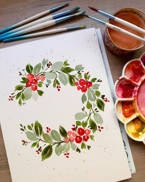 Painted Christmas Wreath On Wood, Acrylic Wreath Painting, Christmas Watercolor Wreath, Christmas Wreath Watercolor, Wreath Painting, Watercolour Wreath, Watercolor Christmas Wreath, Painted Wreath, Watercolor Christmas Cards Diy