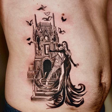 The Lovers Morticia And Gomez Tattoo, Mortician And Gomez Tattoo, Morticia Addams Tattoo Ideas, Gomez And Morticia Tattoo, Morticia And Gomez Tattoo, Idk Tattoo, Addams Family Tattoo, Wednesday Addams Tattoo, Tattoo Nightmares