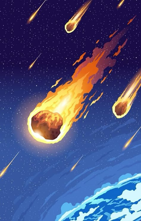 Meteorites Entering Earth Atmosphere Earth Mural Painting, How To Draw The Earth, Meteorite Drawing, Meteor Drawing, Meteor Illustration, Earth Art Drawing, Atmosphere Drawing, Earth On Fire, Explosion Drawing