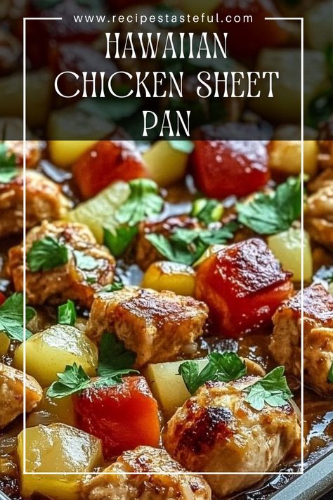 A quick and easy weeknight meal that combines tender chicken, sweet pineapple, and vibrant vegetables all baked on one sheet pan for effortless cleanup. Perfect for busy families! Hawaiian Chicken Sheet Pan Meal, Gawain Chicken Sheet Pan, Hawaii Chicken Sheet Pan, 4 Pies On One Sheet Pan, Hawaiian Chicken Sheet Pan Dinner, Hawaiian Sheet Pan Chicken, Pineapple Chicken Sheet Pan, Hawaiian Sheet Pan, Sheet Pan Chicken Recipes