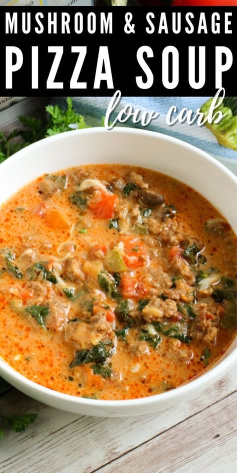 Instant Pot Low Carb Pizza Soup Instant Pot Low Carb, Mushroom Sausage, Soup Low Carb, Low Carb Spaghetti, Pizza Soup, Low Carb Soup Recipes, Sausage Pizza, Boiled Egg Diet Plan, Lost 100 Pounds