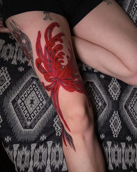 Cool Red Tattoos, Red Chrysanthemum Tattoo, All Red Tattoo, Red Abstract Tattoo, First Tattoo Ideas, Cuff Tattoo, Traditional Tattoo Designs, Black Cat Tattoos, Red Tattoo