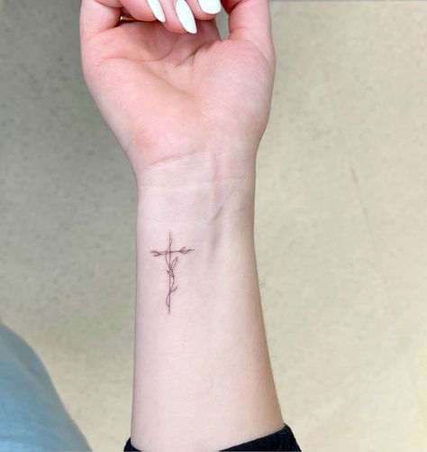 Christian Tattoos Minimalist, Vine Cross Tattoo, Cross With Vines Tattoo, Cross Tattoos With Flowers, Christian Minimalist Tattoo, Small Catholic Tattoos, Little Cross Tattoos, Cross With Flowers Tattoo, Christian Tattoos Small