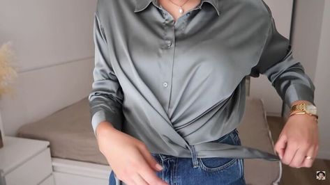 Silk Shirt Outfit Ideas: 7 Ways to Style, Tuck & Tie Your Button-Down | Upstyle How To Tie A Silk Shirt, Oversized Silk Blouse Outfit, Dress Up A Button Down Shirt, Tuck In A Button Up, Oversize Silk Shirt Outfit, How To Wear Silk Shirt, How To Tuck In Button Down Shirt Women, Tucking In Shirts How To Button Up, Silk Button Down