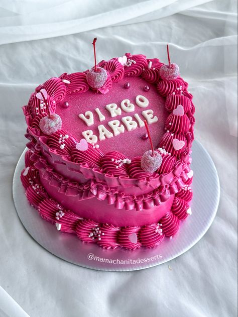 Cake Barbiecore Birthday Cake, Barbie Birthday Cake Aesthetic, Modern Barbie Cake, Barbie Cake Aesthetic, Hot Pink Barbie Cake, Pink Cake Barbie, Barbie Heart Cake, Barbie Birthday Cake 21, Pink Birthday Cake Barbie