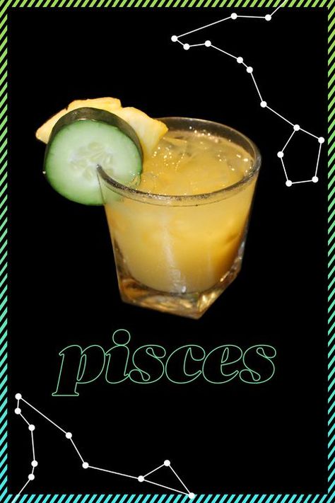 Pisces As a water sign, Pisces are generally a creative, compassionate, and intuitive bunch, which is why you should incorporate refreshing cucumber into this dynamic sip. And because you're all about collaborative teamwork and fairness, pineapple and white rum are classically paired together—and enhanced with a hint of lime—to make a cocktail that's perfectly balanced. Directions: Muddle cucumber (to your preference). In a shaker combine: · 1.5 oz white rum · 1 oz. pineapple · .5 oz. fresh ... Zodiac Cocktails, Almond Syrup, Fresh Cucumber, Ginger Slice, Blueberry Juice, Orange Twist, Rum Drinks, Zodiac Birthdays, Party Food And Drinks