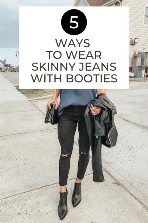 It's almost fall which means it's time to bust out the jeans and booties! If you're looking for an easy yet chic jeans and booties outfit, check out this post with 5 simple ways to pair skinny jeans with booties. #booties #howtowearbooties #skinnyjeans #bootiesoutfits Shooties Outfit How To Wear, Black High Heel Boots Outfit Jeans, Western Booties With Jeans, Pointy Booties Outfit, Black Western Booties Outfit, Fall Outfits With Booties Ankle Boots, Black Booties Outfit Fall Ankle Boots, How To Style Booties, Short Booties Outfit