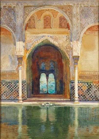 George Owen Wynne Apperley - Entrance to the Hall of Ambassadors, Alhambra Moorish Architecture, Alhambra Granada, Watercolor Architecture, Architecture Painting, 수채화 그림, Tableau Art, Arabic Art, Historical Art, Andalusia