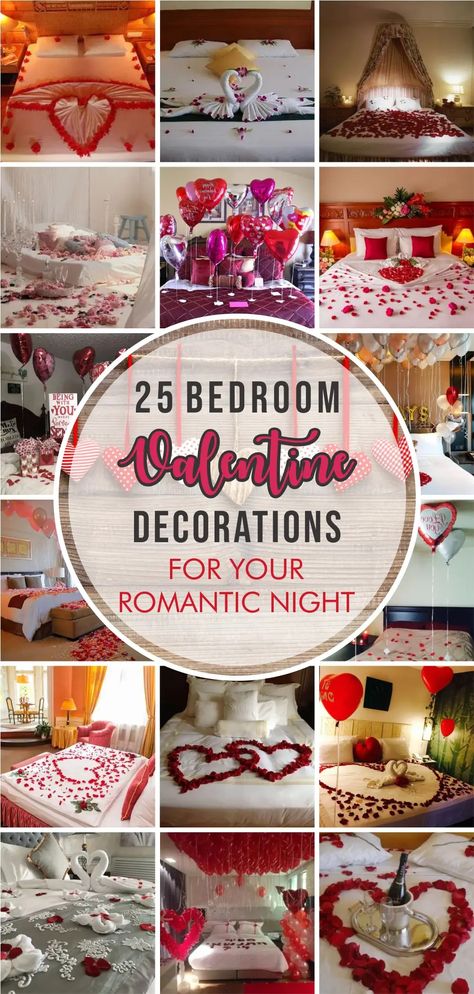 25 Bedroom Valentine Decorations for Your Romantic Night - Matchness.com Romantic Bedroom Set Up, Romantic Bedroom Ideas Suprise, Romantic Night Decorating Ideas, Romantic Room Set Up, Bedroom Proposal Ideas, Romantic Bedroom Ideas For Couples Love, Romantic Decorating Ideas For Him, Romantic Bedroom Ideas For Him Birthday, Wedding Bedroom Decoration Romantic