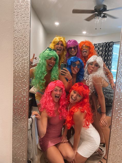 Colored Wig Outfit Bachelorette, Color Party Bachelorette, Bachelorette Color Theme Outfits With Wigs, Wig Theme Party Ideas, Color Theme Bachelorette Party Wigs, Bachelorette Wigs, Colored Wigs Bachelorette Party, Bachelorette Wig Night, Wig Party Theme Birthday