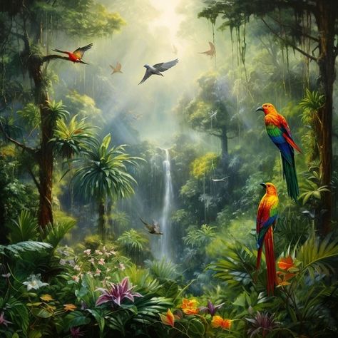 Image Free Download | A painting of the Amazon rainforest with lush trees, colorful birds and exotic plants, surrounding blur, Jurassic, 4K, high resolution Rainforest Painting, Rainforest Pictures, Rainforest Art, Rainforest Flowers, Rainforest Birds, Jungle Painting, Magical Paintings, Rainforest Plants, Game Zone