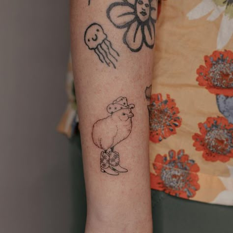 Chicken With Boots Tattoo, Chicken With Cowboy Hat Tattoo, Funny Chicken Tattoo, Fun Animal Tattoo, Cowboy Possum Tattoo, Cowboy Chicken Tattoo, Baby Chick Tattoo, Cute Chicken Tattoo, Farm Animal Tattoo