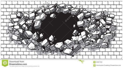 Hole Breaking Through Wide Brick Wall. Illustration about demolition, block, crash, cinder, impact, explosion, break, crack, fragment, destroy, graphic, demolish, freedom - 62827353 Brick Wall Drawing, Cinder Block Walls, Red Brick Wall, Cartoon Clip, Graffiti Style Art, Wall Tattoo, Wall Drawing, Cinder Block, Graffiti Drawing