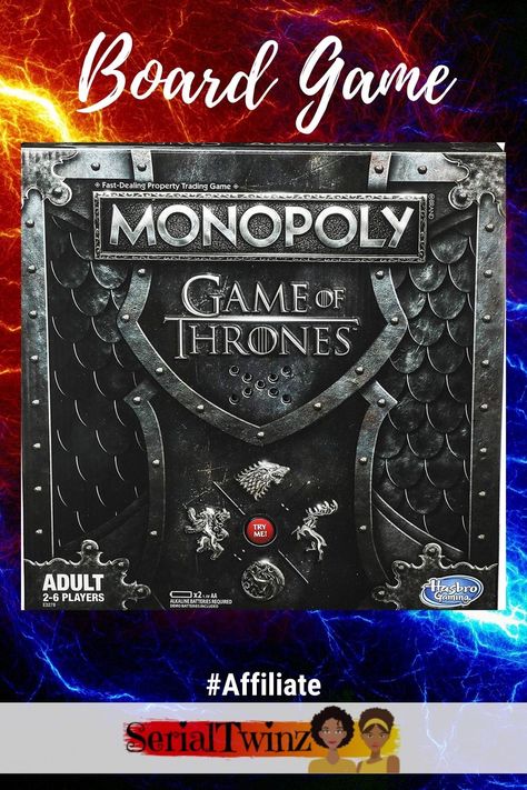 Monopoly Game of Thrones Board Game  |  Based on the hit TV series from HBO >> GOT fans can travel the legendary lands of Westeros as you buy, sell, and trade locations from the seven Kingdoms in this edition of the Monopoly game. Key features: iron throne card holder with a musical stand that plays the game of Thrones theme song, 6 Great houses game tokens, Game of Thrones themed money and graphics, 32 Holdfasts and 12 castles. #GOT #GameOfThrones #GOTGames #Gifts #Fandom #Monopoly Board Games For Adults, Fantasy Tv Series, Game Of Thrones Theme, Fantasy Tv Shows, Seven Kingdoms, Game For Adults, Fantasy Tv, Games For Adults, House Games