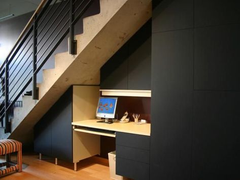 Get design ideas for using cabinets and shelving to optimize your storage needs when space is tight. Desk Under Stairs, Space Under Stairs, Basement Stairs Ideas, Staircase Designs, Basement Layout, Staircase Storage, Basement Storage, California Closets, Basement Stairs