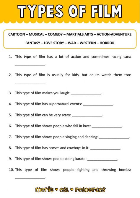 Types Of Movies Vocabulary, Drama Worksheets, Temple Grandin Movie, Types Of Movies, Live Worksheet, Movie Worksheet, Temple Grandin, English Grammar For Kids, Grammar For Kids