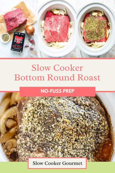 This bottom round roast recipe for the slow cooker couldn’t be simpler! With no extra steps, you can set it to braise for hours in the slow cooker resulting in the most tender slices to slice and serve. Don’t forget to add a drizzle of savory gravy made right from the broth! Slow Cooker Round Roast, Top Round Roast Recipe, Bottom Round Roast Recipes, Recipes For Roast, Round Roast Recipe, Bottom Round Roast, Roast Stew, Beef Slow Cooker Recipes, Crockpot Roast Recipes