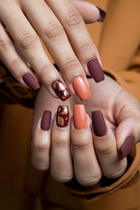 Embrace the season with these chic square nails that perfectly capture the essence of fall nail ideas. Featuring warm hues of burnt orange and deep burgundy, these polished square tips evoke autumn leaves underfoot. Add a hint of gold shimmer for a glamorous touch that will make your nails the center of attention at any gathering. Redefine your autumn aesthetic and showcase your style with this trendy nail look! Burgundy And Orange Nails, Fall Nails Burgundy, Nails Burgundy, Burgundy And Orange, Fall Nail Ideas, Burgundy Nails, Orange Nails, Trendy Nail, Deep Burgundy