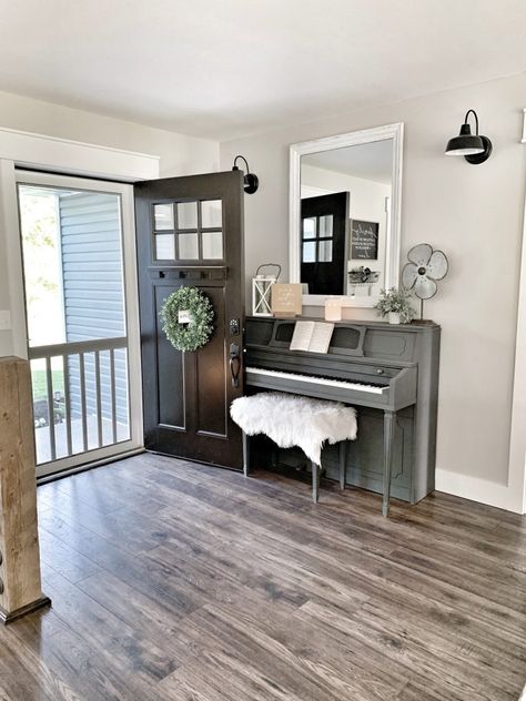 Piano Farmhouse Decor, Piano In Small Entryway, Upright Piano In Entryway, Modern Farmhouse Piano Room, Entryway With Piano, Piano In Foyer Entryway, Piano In Hallway, Piano Entryway Ideas, Piano In Entryway