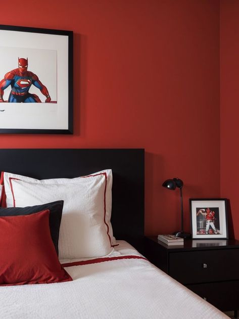 Elevate a boys bedroom by adding a bold red accent wall for a pop of color. Complement the wall with a sleek black bed frame and cool superhero posters for a fun and energetic vibe. Arlo Bed, Red Boys Room, Red Accent Wall Bedroom, Red Boys Bedroom, Boy Room Red, Red Accent Wall, Man Bedroom, Boy Room Paint, Portland House