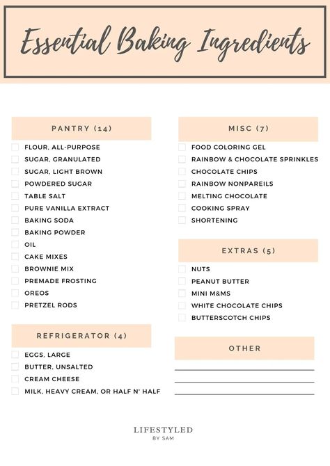 Baking Grocery List, Baking Starter Kit, Baking Essentials For Beginners, Basic Ingredients For Baking, Essential Baking Ingredients, Home Bakery Checklist, Basic Baking Ingredients List, At Home Baking Business, Home Baking Business Ideas