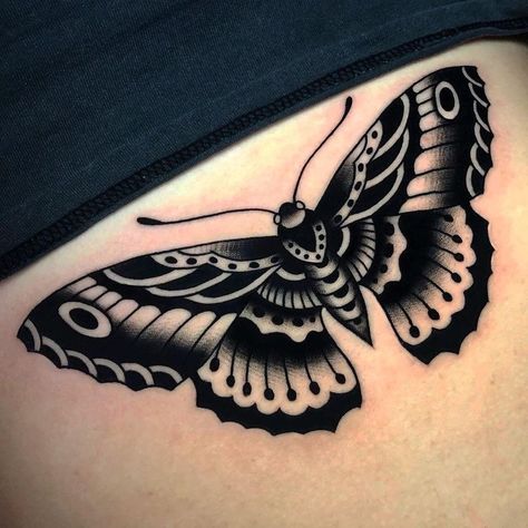 Traditional Moth Tattoo, Traditional Butterfly Tattoo, Black Butterfly Tattoo, Moth Tattoo Design, Traditional Tattoo Inspiration, Small Chest Tattoos, Traditional Style Tattoo, Insect Tattoo, Elbow Tattoos